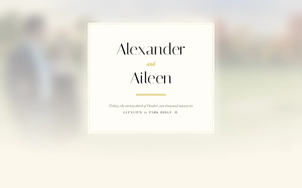 Alexander and Aileen's wedding website: their names on an ivory invitation card